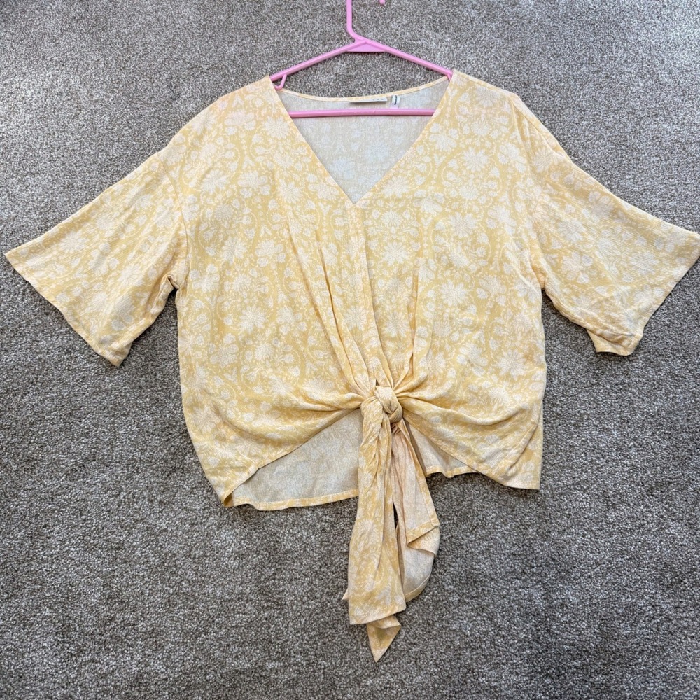 LUQ Womens Yellow Floral Damask Tie Front Rayon Blouse S Boho Butterly Faminine